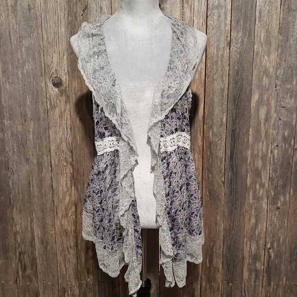 Areve Tops - A'reve L Women' Vest Kimono top Gray Floral Lace Crochet Boho Cottage Flowy